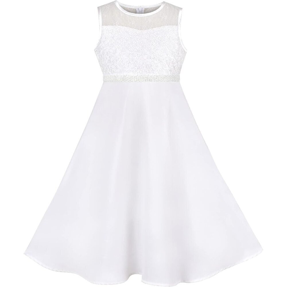 🆕Girls Burgundy Flower Lace Top White Chiffon Sleeveless Gradient Skirt Dress